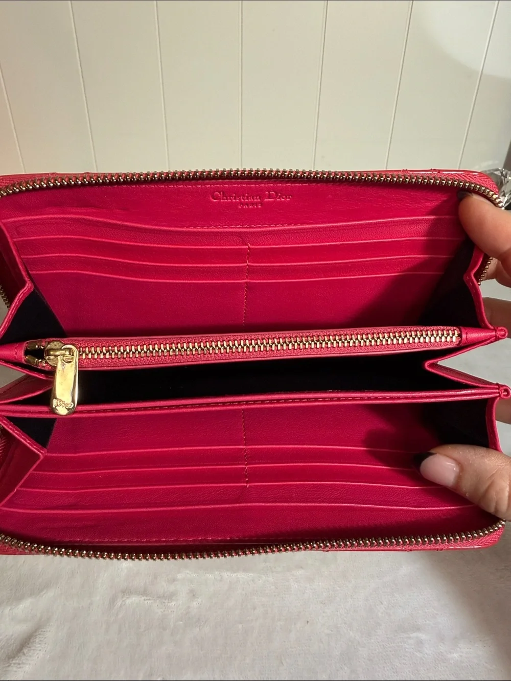 Dior Lady Dior Cannage Patent Leather Zip Around Wallet w/detachable Dior charm